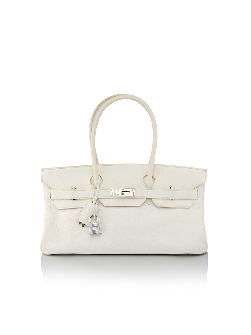 HERMÈS: WHITE CLEMENCE JPG SHOULDER BIRKIN 42 WITH PALLADIUM HARDWARE 2010 (Includes keys, ...: HERMÈS: WHITE CLEMENCE JPG SHOULDER BIRKIN 42 WITH PALLADIUM HARDWARE