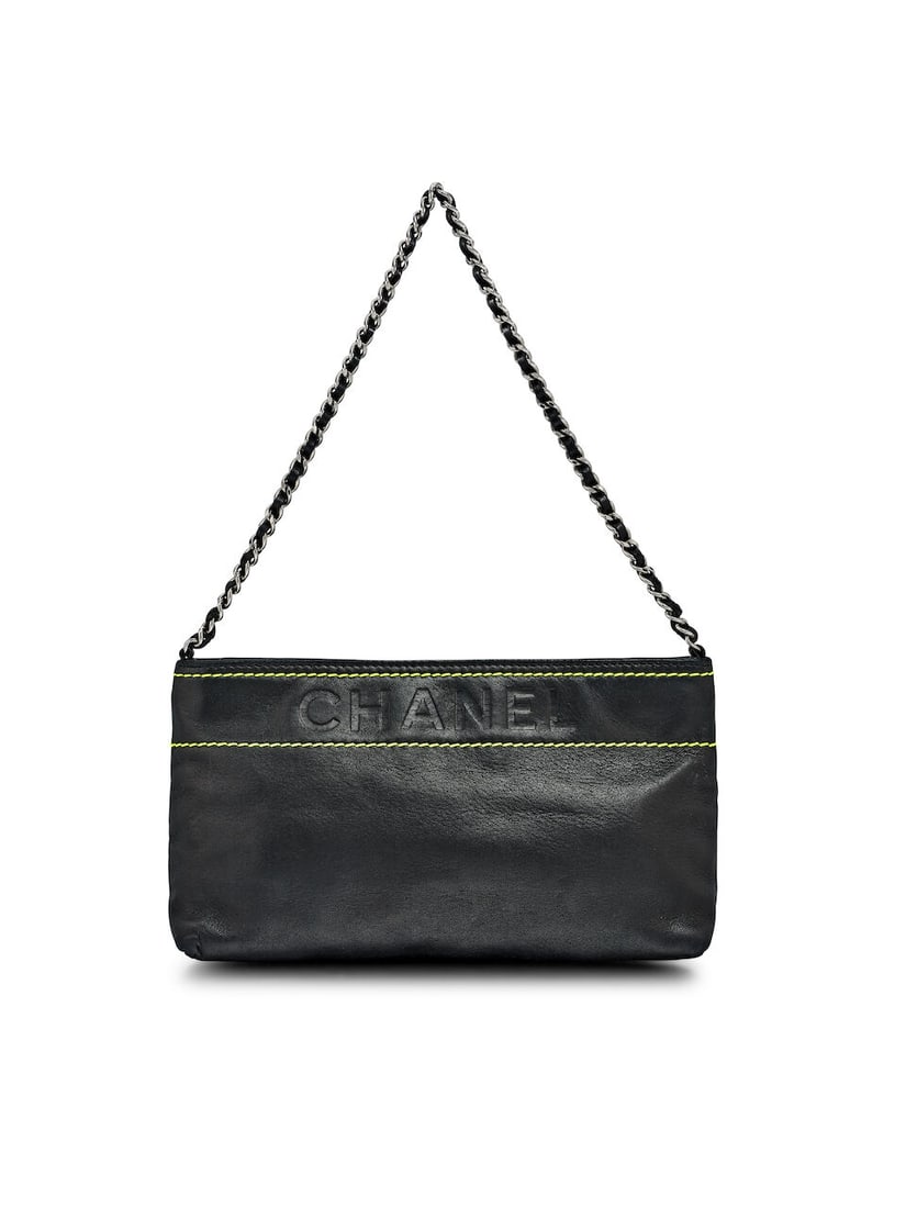 (NO RESERVE) CHANEL: BLACK LAMBSKIN POCHETTE WITH NEON YELLOW STITCHING AND CHAIN: (NO RESERVE) CHANEL: BLACK LAMBSKIN POCHETTE WITH NEON YELLOW STITCHING AND CHAIN Circa