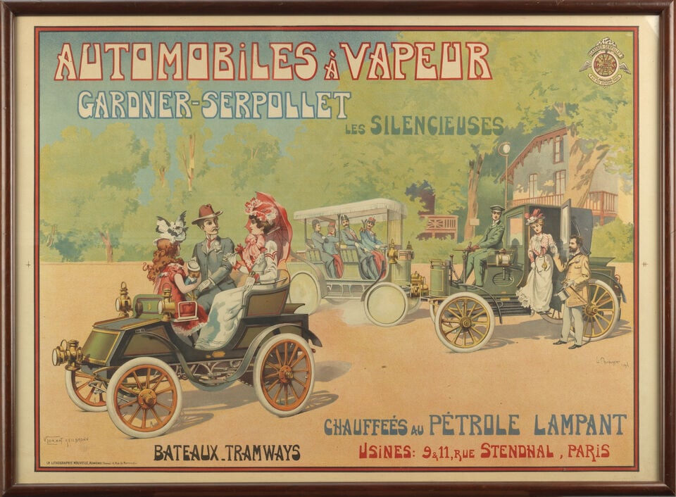 A Gardner-Serpollet adverting poster after V.Lorant Heilbronn, French, circa 1903,: A Gardner-Serpollet adverting poster after V.Lorant Heilbronn, French, circa 1903, published by La Lithographie Nouvelle of Asnieres, 57 x 79cm, framed and glazed. Lot to be sold without reserve. For 