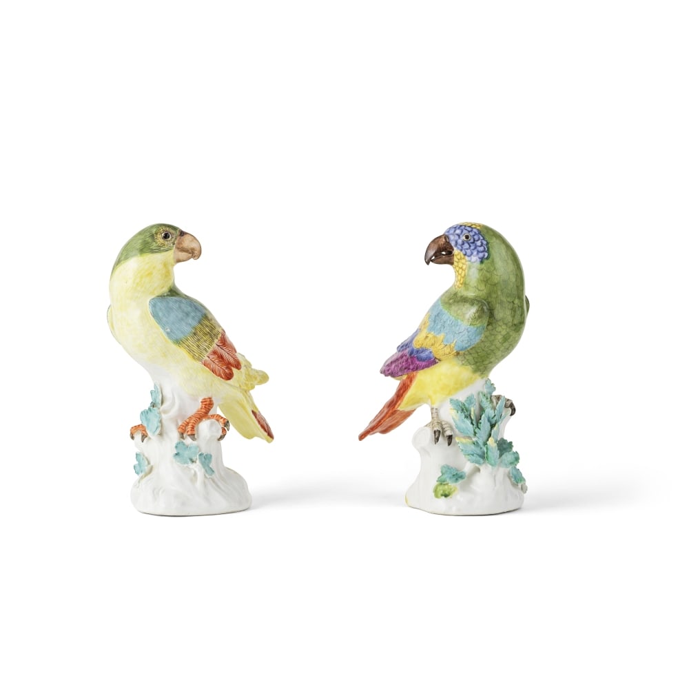 Deux perroquets en porcelaine de Meissen, vers 1740 Two Meissen parrots, circa 1740: Deux perroquets en porcelaine de Meissen, vers 1740 Two Meissen parrots, circa 1740 Modelled by J J Kaendler, naturalistically modelled and vividly coloured, perched on tree-stump bases, 20cm and 19cm