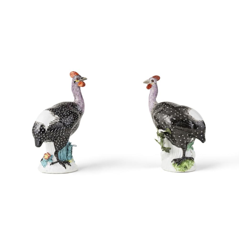 Deux pintades en porcelaine de Meissen, vers 1745 Two Meissen models of guinea fowl, circa 1745: Deux pintades en porcelaine de Meissen, vers 1745 Two Meissen models of guinea fowl, circa 1745 Modelled by J.J.Kändler, the naturalistic birds standing with their heads turned slightly, the plum
