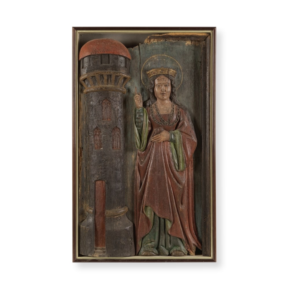 Haut-relief en bois peint polychrome représentant Sainte BarbeFlandre, fin du XVIe - dé... (1 of 1)