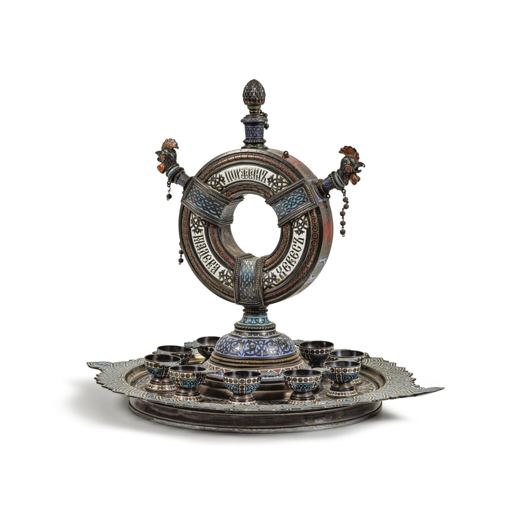 Service à liqueur en vermeil et émaux champlevés An Impressive silver-gilt and ch...: Service à liqueur en vermeil et émaux champlevés An Impressive silver-gilt and champlevé enamel wine set Pavel Ovchinnikov, Moscow, 1873 91 zolotnik silver standard, with the Imper