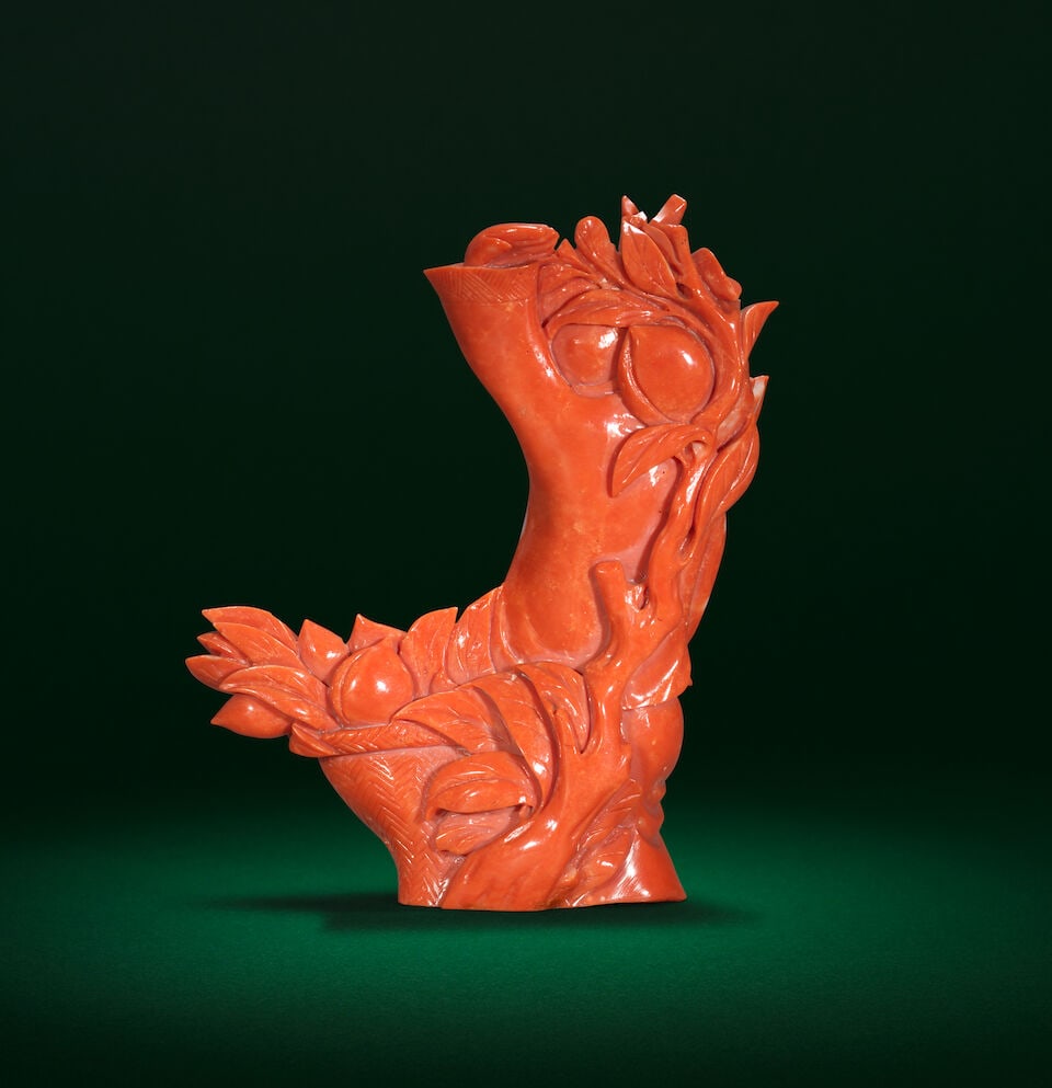 A CORAL 'BOY AND PEACHES' CARVING Republic Period (2) - 2