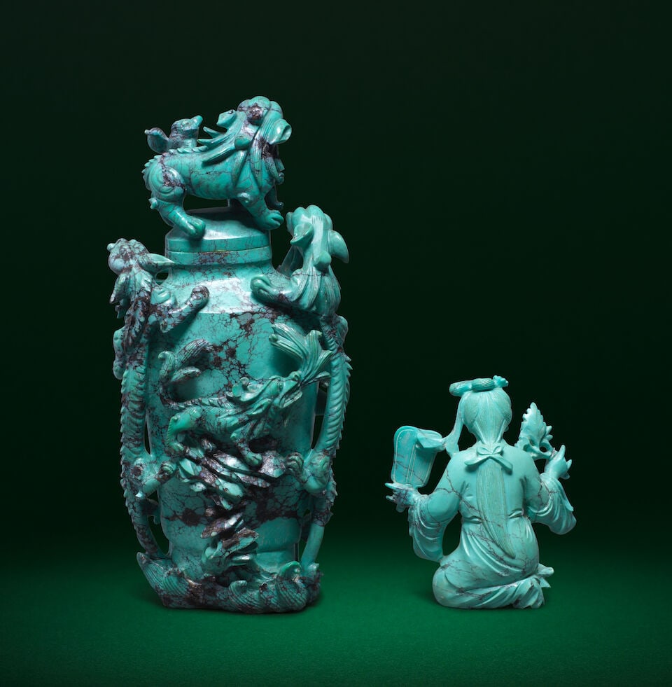 A TURQUOISE FIGURE OF A LADY WITH FAN AND FLORAL-SPRAY; AND A TURQUOISE MATRIX VASE AND COVER 20... - 2