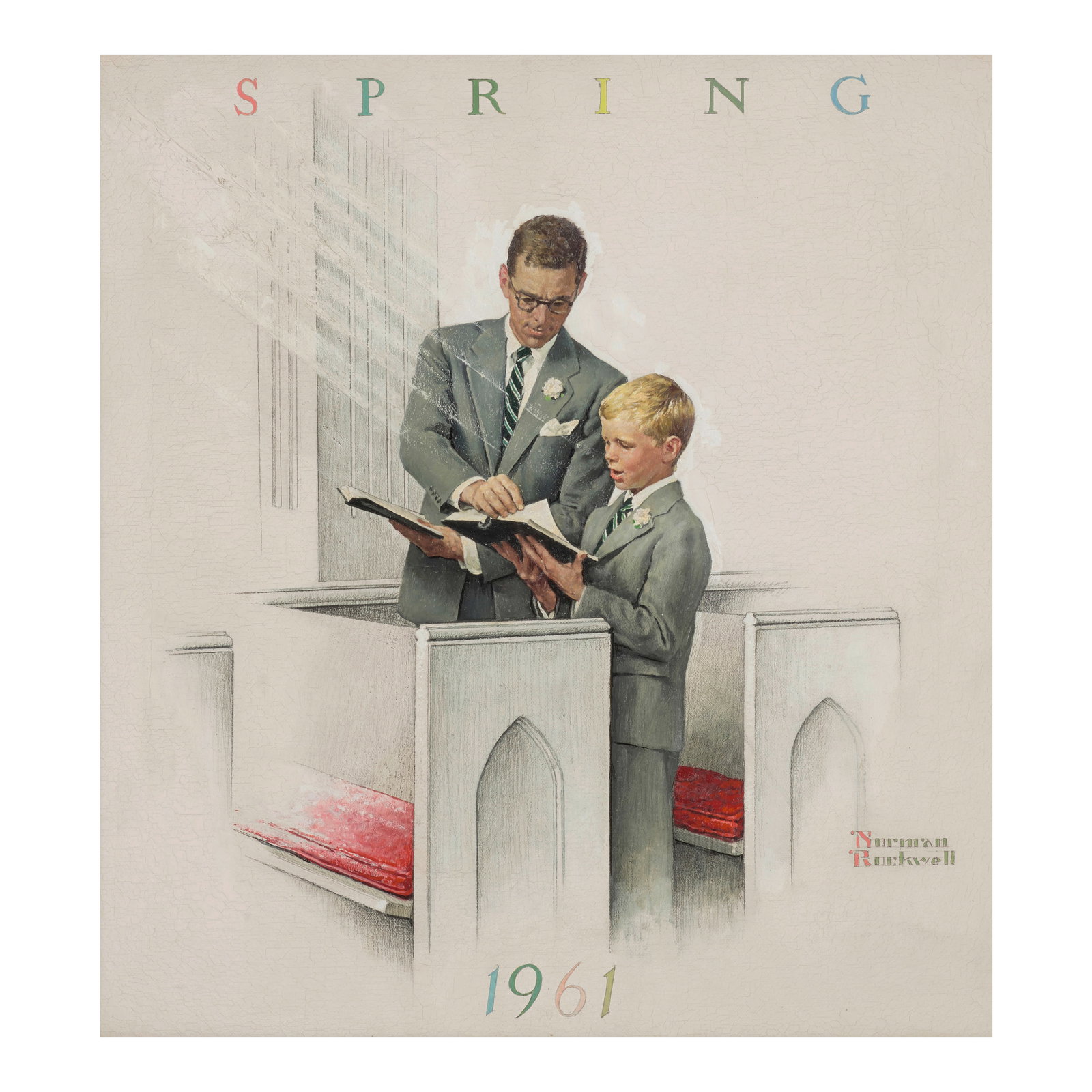 NORMAN ROCKWELL (1894-1978) Father and Boy: Church 19 x 18 in. (48.3 x 45.7 cm.) (Painted in 1961.): NORMAN ROCKWELL (1894-1978) Father and Boy: Church signed 'Norman /Rockwell' (lower right) oil on canvas 19 x 18 in. (48.3 x 45.7 cm.) Painted in 1961. Footnotes: Provenance Private collection.