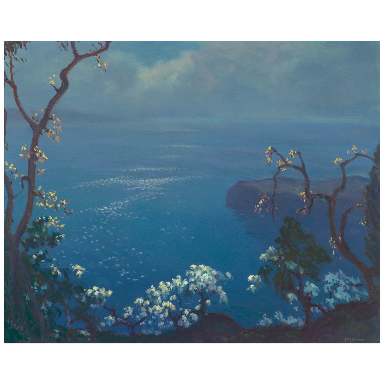 FRANK MONTAGUE MOORE (1877-1967) Dogwood on Hudson 29 1/4 x 36 in. (74.3 x 91.4 cm.): FRANK MONTAGUE MOORE (1877-1967) Dogwood on Hudson signed 'FM Moore' (lower right) and inscribed with title and signed again (on the reverse) oil on Masonite 29 1/4 x 36 in. (74.3 x 91.4 cm.) Footnote