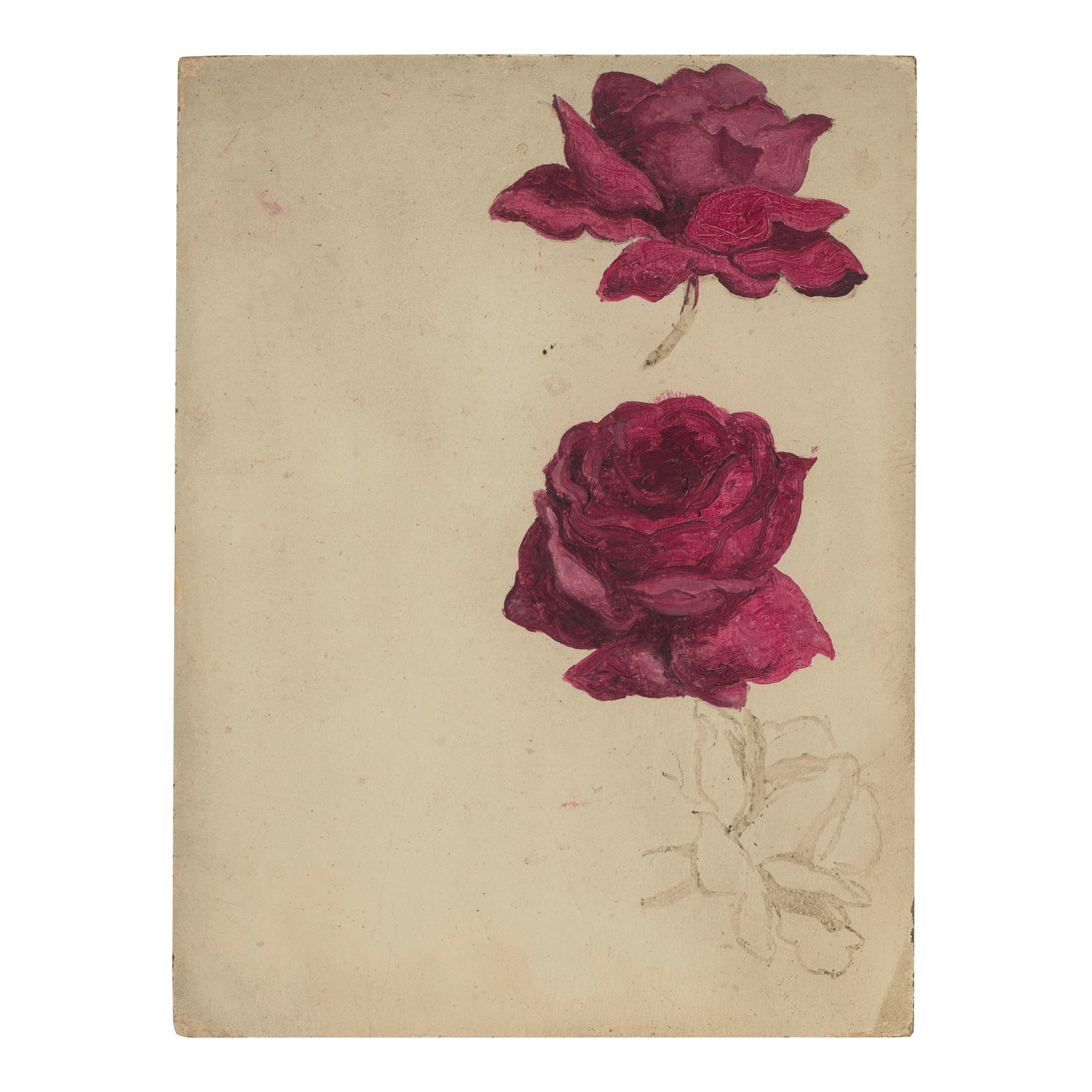 MARTIN JOHNSON HEADE (1819-1904) Two Roses 9 3/8 x 7 1/8 in. (23.8 x 18.1 cm.) (Painted circa 1...: MARTIN JOHNSON HEADE (1819-1904) Two Roses oil on board 9 3/8 x 7 1/8 in. (23.8 x 18.1 cm.) Painted circa 1865-75. Footnotes: Provenance Wilma Davis, St. Augustine, Florida. Private collec