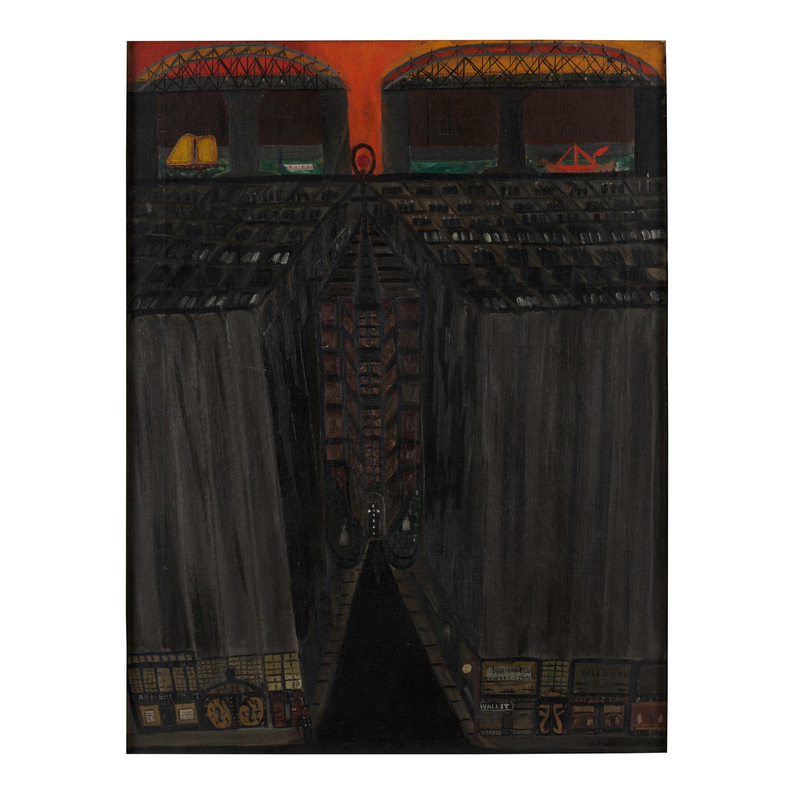 RALPH FASANELLA (1914-1997) Wall Street 29 1/4 x 22 in. (74.3 x 55.9 cm.) (Painted in 1946.): RALPH FASANELLA (1914-1997) Wall Street signed and dated 'R. FASANELLA 46' (lower right) oil on canvas 29 1/4 x 22 in. (74.3 x 55.9 cm.) Painted in 1946. Footnotes: Provenance Andrew Edlin Gallery