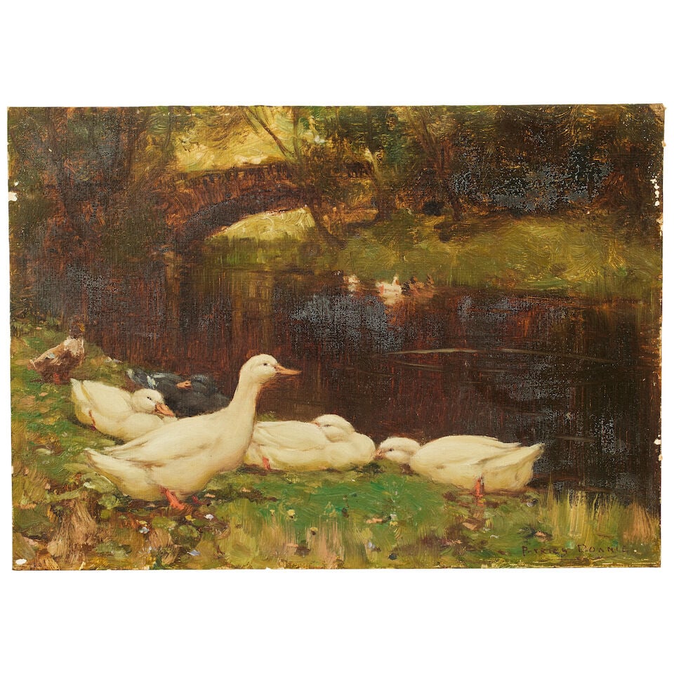 Patrick Downie RSW (British, 1854-1945) Ducks on a river bank unframed - 3