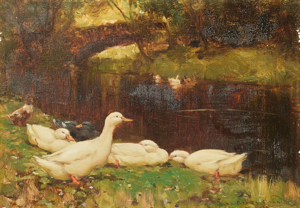 Patrick Downie RSW (British, 1854-1945) Ducks on a river bank unframed - 4