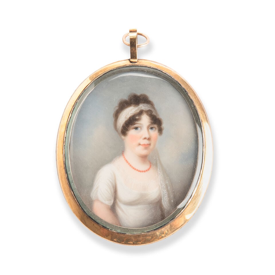 Andrew Plimer (Telford 1763-1837 Brighton) A miniature of a lady with coral necklace Shown weari...: Andrew Plimer (Telford 1763-1837 Brighton) A miniature of a lady with coral necklace Shown wearing a white gown, in a yellow metal frame, (untested), watercolour on ivory, oval enamel and woven hair p
