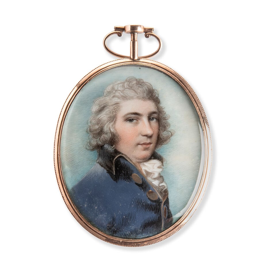 James Leakey (British, 1773-1865) Miniature of a gentleman Shown wearing a blue coat with a blac... (1 of 2)