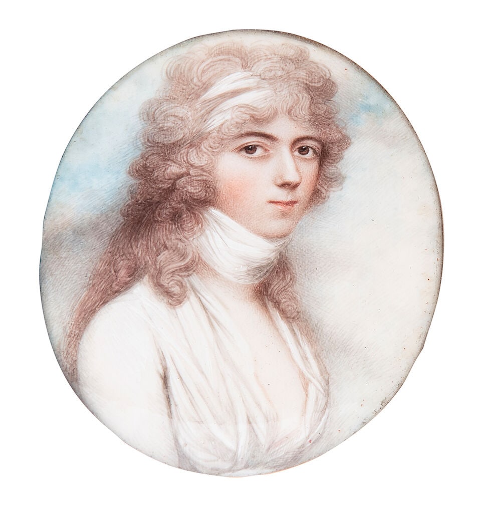 Andrew Plimer (Telford 1763-1837 Brighton) Miniature of a lady Shown wearing white dress and fic...: Andrew Plimer (Telford 1763-1837 Brighton) Miniature of a lady Shown wearing white dress and fichu wrapped around her neck, 8 x 6cm (3 1/8 x 2 3/8in). Footnotes: Notes The item within this lot contain