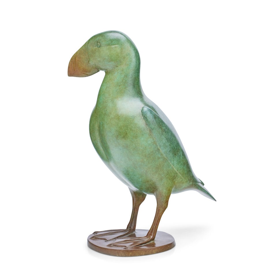 Jonathan Knight (British, born 1954): Bronze Puffin: Jonathan Knight (British, born 1954): Bronze Puffin signed and numbered 'Knight A/C 1' and stamped foundry mark to base bronze with mottled green and mid-brown patination 16cm wide, 10.5cm deep, 24cm 