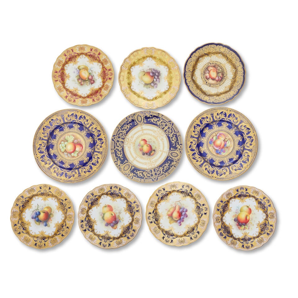 A group of Royal Worcester fruit decorated gilt porcelain plates Various marks and dates: A group of Royal Worcester fruit decorated gilt porcelain plates Various marks and dates Comprising a pair decorated by Albert Schuck and two similar decorated by Richard Seabright, 23cm diameter; a p