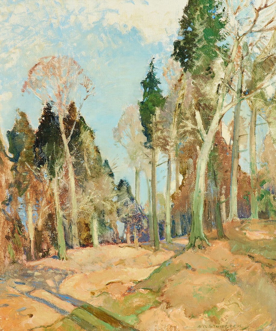 Alick Riddel Sturrock (British, 1885-1953): Alick Riddel Sturrock (British, 1885-1953) Cally Woods signed 'A R STURROCK' (lower right), further titled and signed (verso) oil on canvas 61 x 50.8cm (24 x 20in). Footnotes: Provenance Private