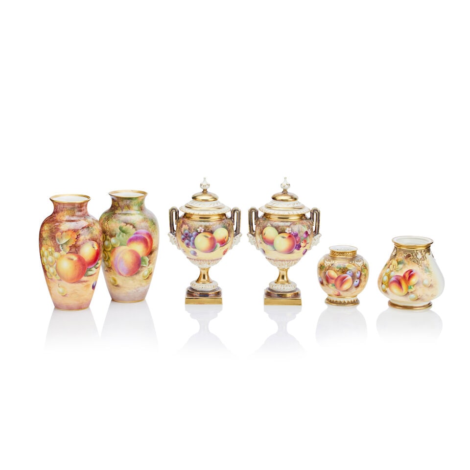 A pair of Royal Worcester vases and covers By P. Platt: A pair of Royal Worcester vases and covers By P. Platt Decorated with summer fruits and forget-me-nots, signed, pattern 2363, 21cm high; together with two similar vases, the first by Harry Ayrton, the