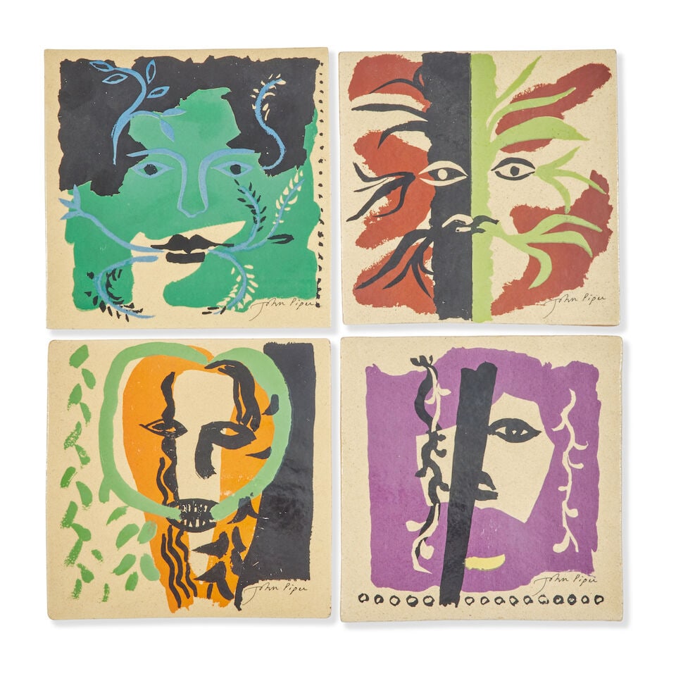 John Piper (British, 1903-1992) Four pottery tiles: John Piper (British, 1903-1992) Four pottery tiles Each with abstract faces and foliage, each signed 'John Piper', the rear stamped 'Fulham Pottery' 16cm high x 16.2cm wide (4) This lot is subject to 