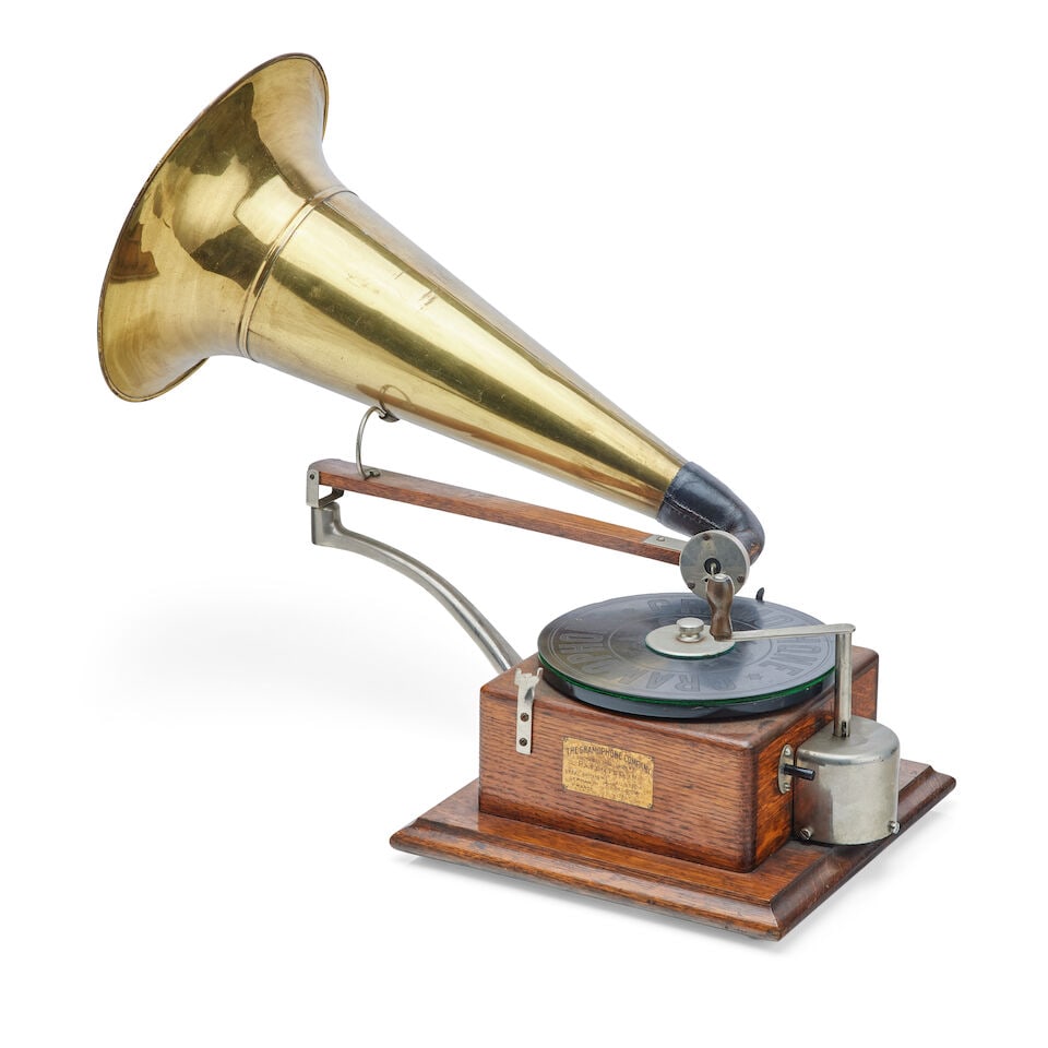 A trademark gramophone, with brass horn by The Gramophone Company, Maiden Lane, London, circa 1898 (1 of 3)