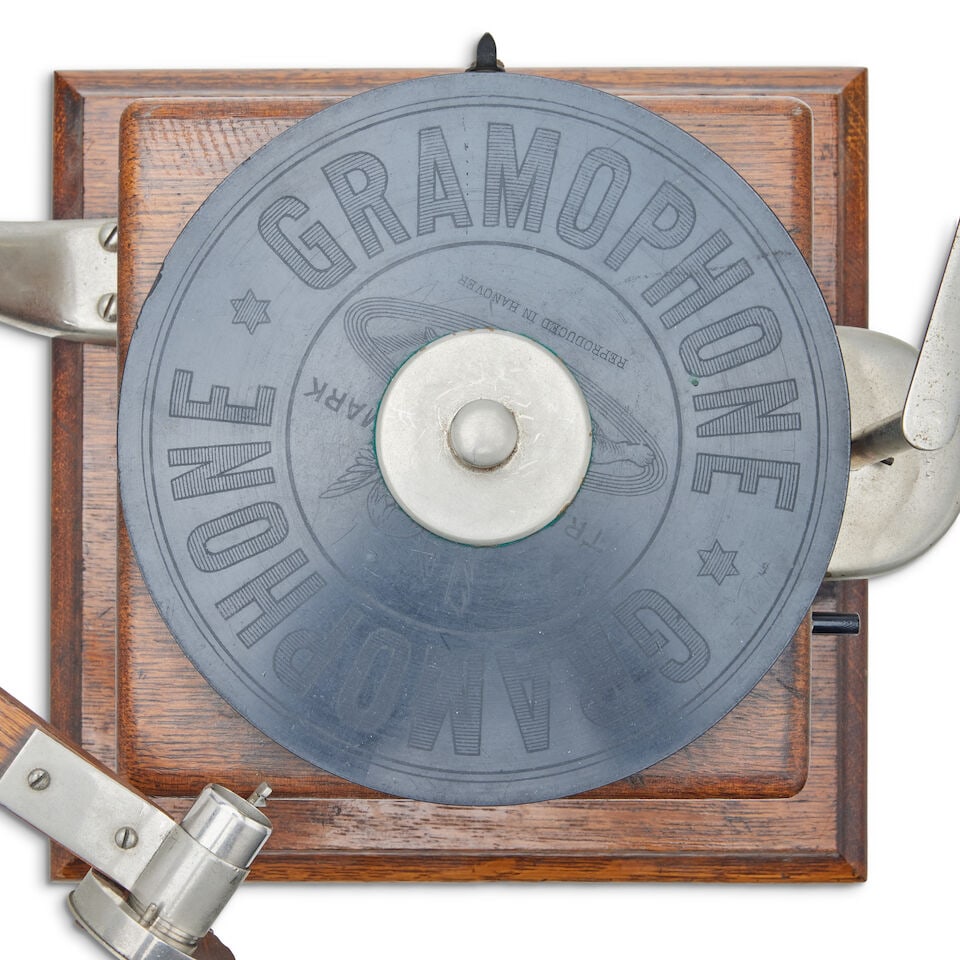 A trademark gramophone, with brass horn by The Gramophone Company, Maiden Lane, London, circa 1898 - 3