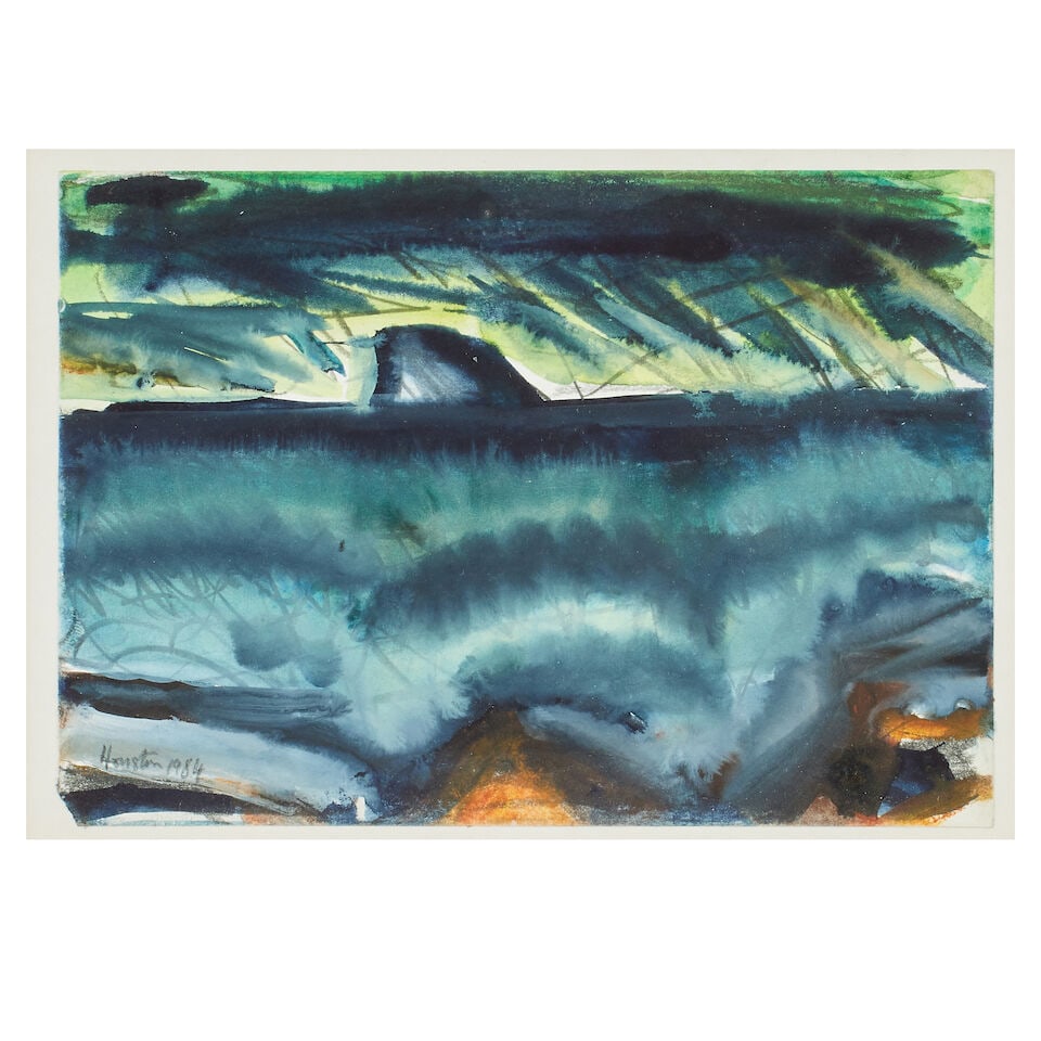 John Houston OBE RSA RSW RGI SSA (1930-2008) Approaching Storm, Bass Rock: John Houston OBE RSA RSW RGI SSA (1930-2008) Approaching Storm, Bass Rock signed and dated 'Houston/1984' (lower left), further signed, titled and dated to backboard (verso) watercolour and pencil 14.