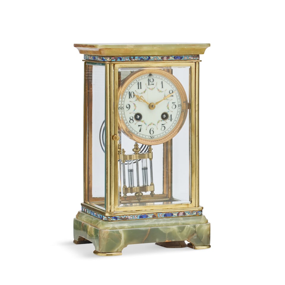 An early 20th century rectangular onyx brass and champlevé enamel four glass mantel clock (1 of 1)