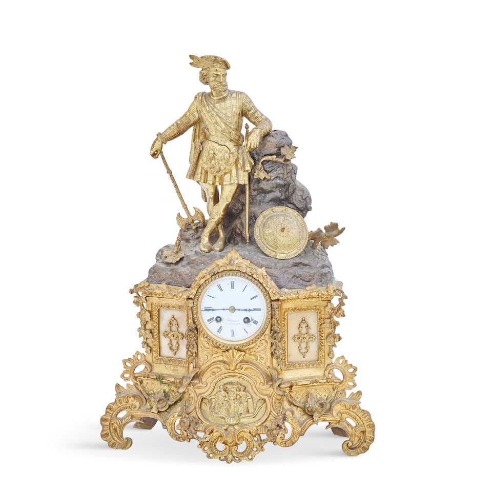 A 19th century gilt metal figural mantel clock The dial inscribed Blaquart A Boulogne S/M (1 of 1)