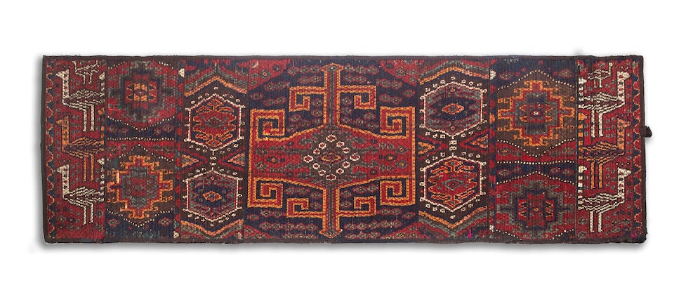 A rare Caucasian reed screen Chii Possibly Krygiz, 1st half 20th century 533cm x1 66cm: A rare Caucasian reed screen Chii Possibly Krygiz, 1st half 20th century With central hooked cross flanked by geometric guls and peacocks, on an indigo ground, loop to one end. 533cm x1