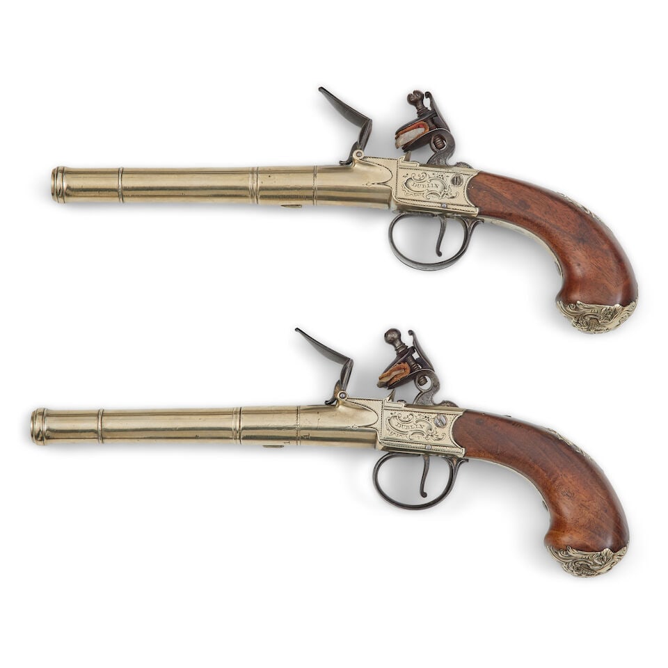 A pair of 28-bore brass turn off boxlock flintlock pistols by L. Alley of Dublin - 2