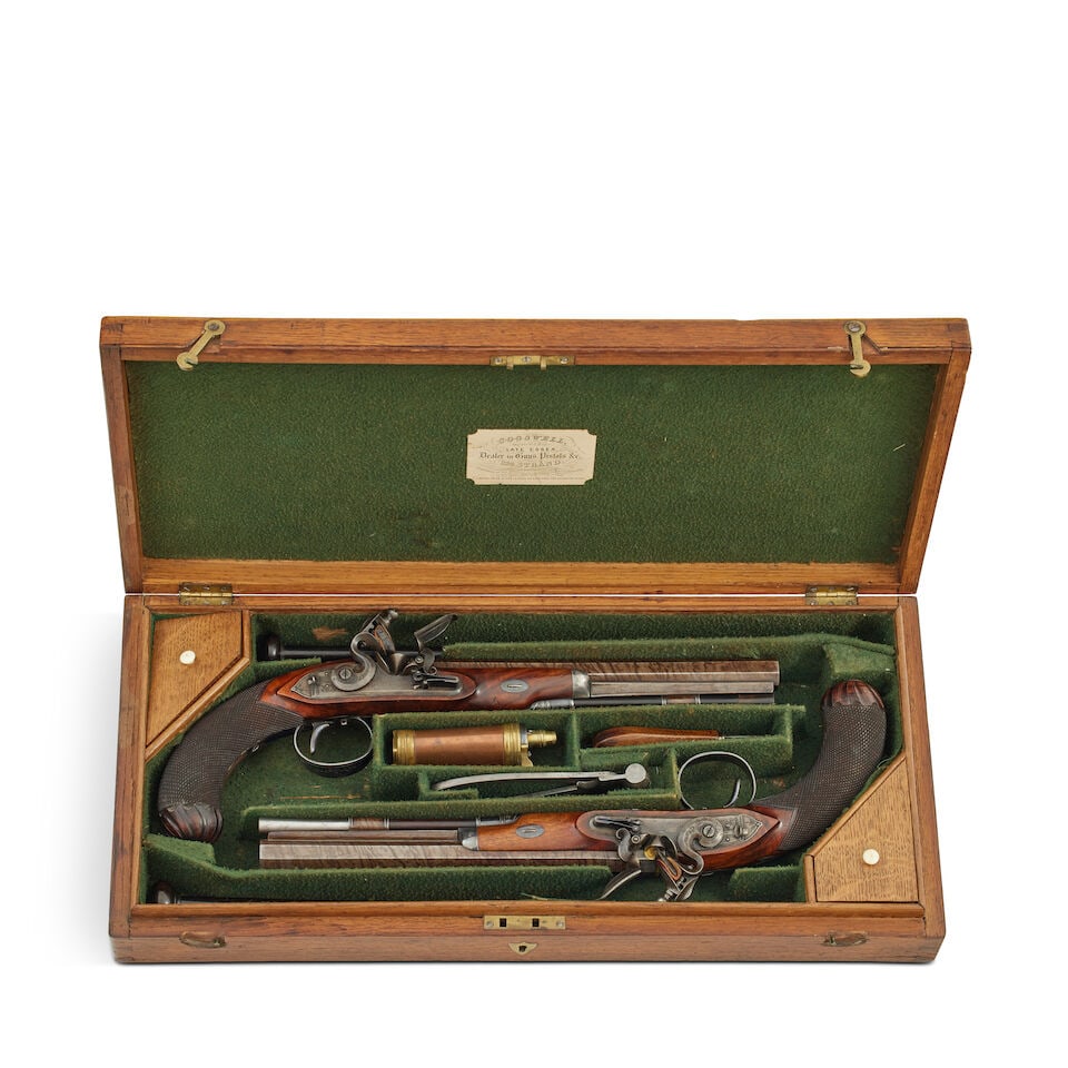 A cased pair of 28-bore flintlock duelling pistols by Utting 265 Borough, London (1 of 6)