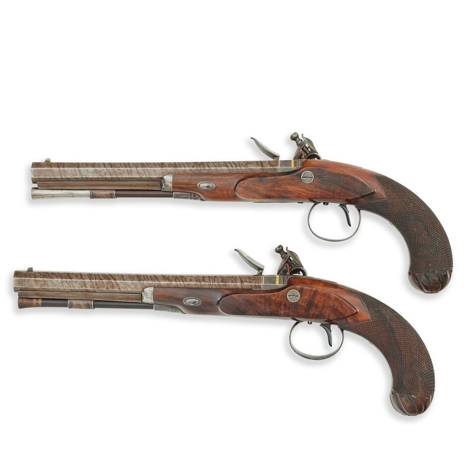 A cased pair of 28-bore flintlock duelling pistols by Utting 265 Borough, London - 5