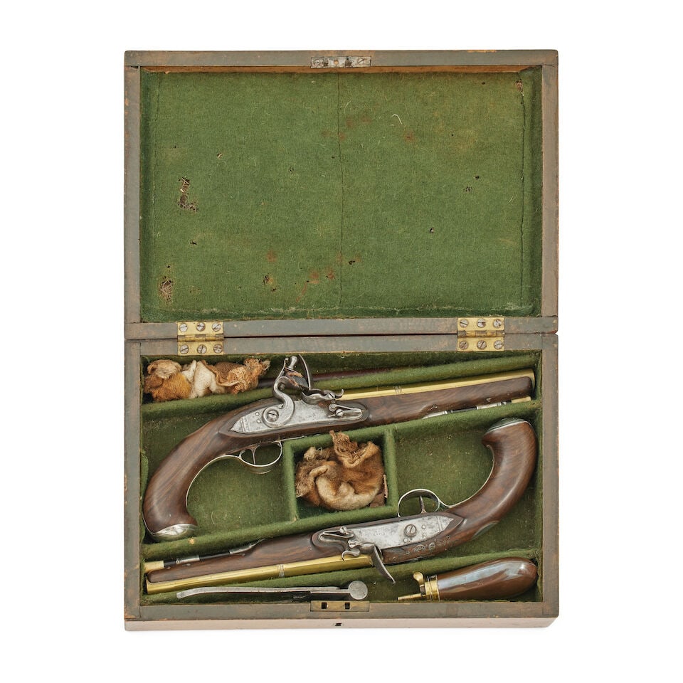 A pair of brass barrelled 22 bore silver mounted flintlock pistols by Chance and Homer, Birmingh...: A pair of brass barrelled 22 bore silver mounted flintlock pistols by Chance and Homer, Birmingham 1789, maker mark CF Each with brass two stage 20cm barrel, the lock engraved 'Chace & Homer', the ful