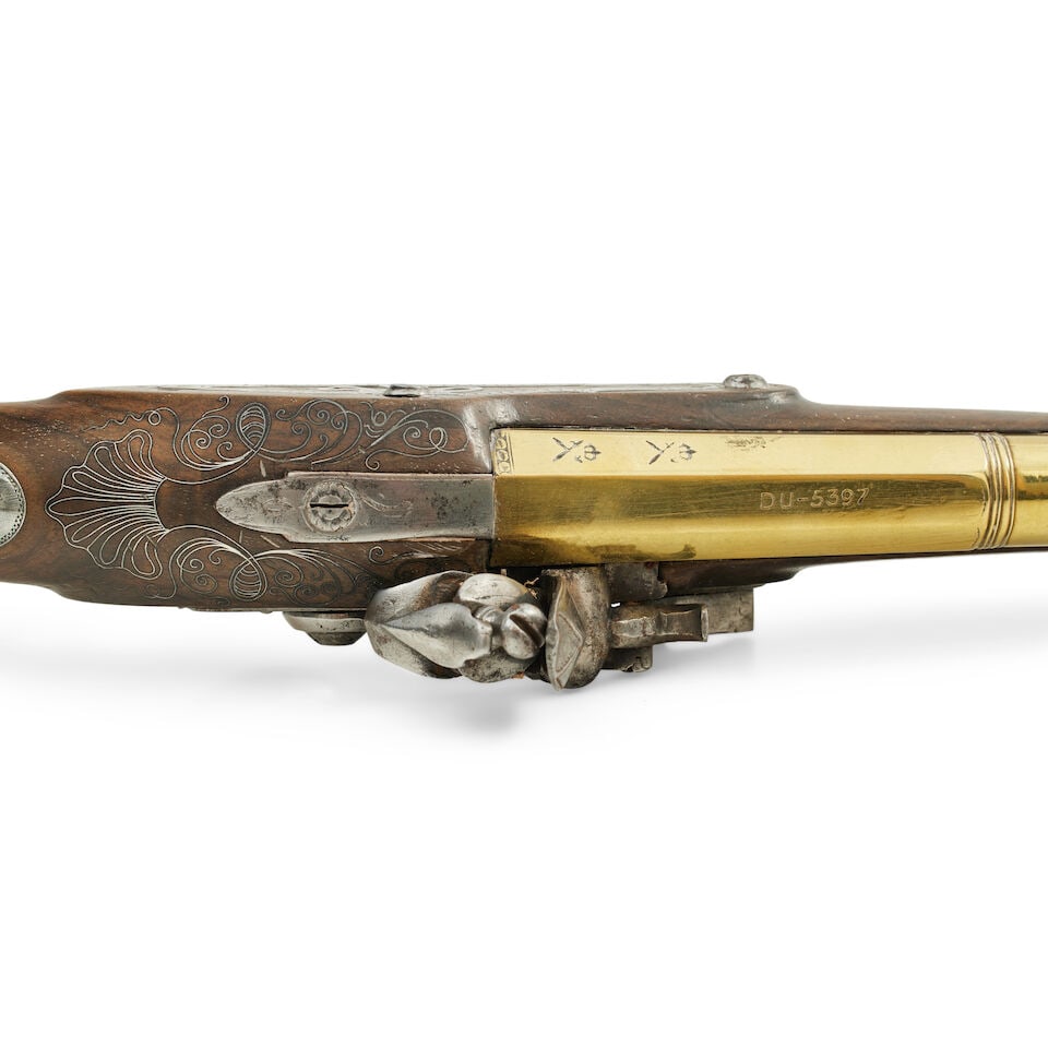 A pair of brass barrelled 22 bore silver mounted flintlock pistols by Chance and Homer, Birmingh... - 2