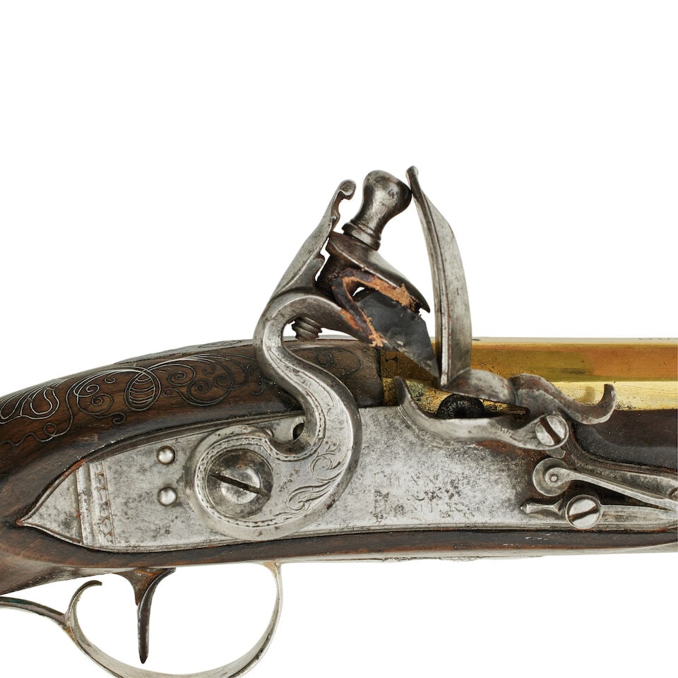 A pair of brass barrelled 22 bore silver mounted flintlock pistols by Chance and Homer, Birmingh... - 3