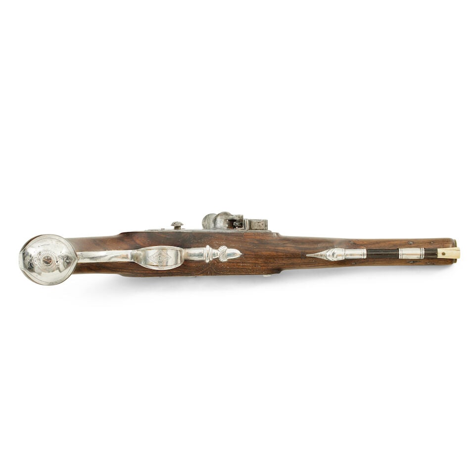 A pair of brass barrelled 22 bore silver mounted flintlock pistols by Chance and Homer, Birmingh... - 4