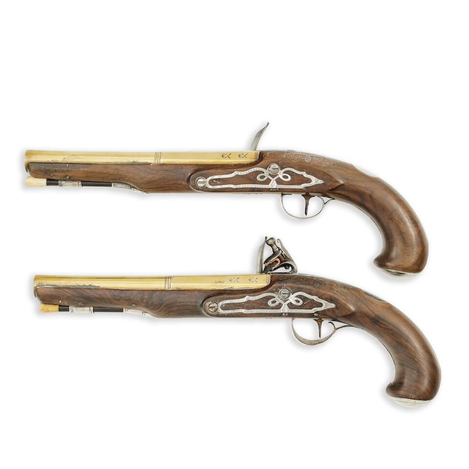 A pair of brass barrelled 22 bore silver mounted flintlock pistols by Chance and Homer, Birmingh... - 5