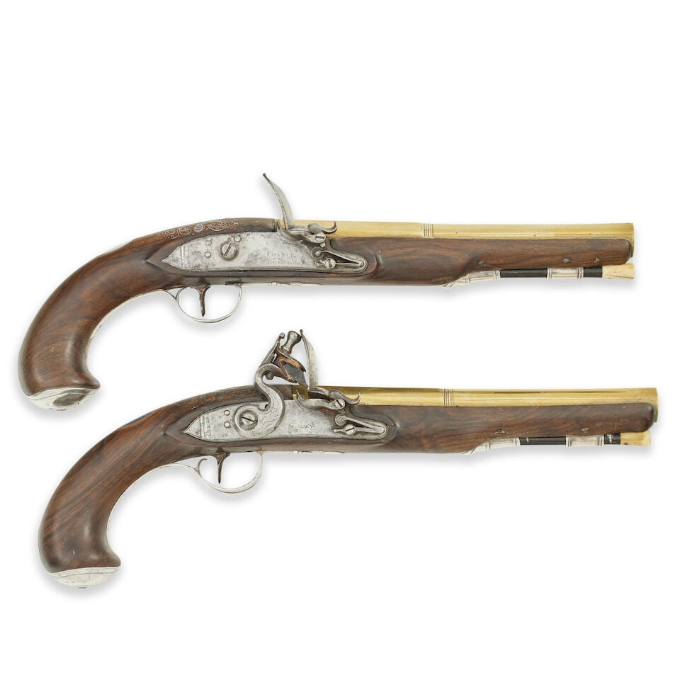 A pair of brass barrelled 22 bore silver mounted flintlock pistols by Chance and Homer, Birmingh... - 6