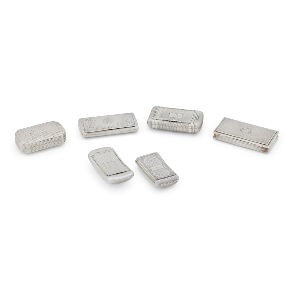 Six silver snuffboxes 19th century, various makers and dates (6): Six silver snuffboxes 19th century, various makers and dates Including a slim example by Edward Shaw, Birmingham, 1845, engine turned, the lid centred by a cartouche with monogram, 7.3cm wide, a