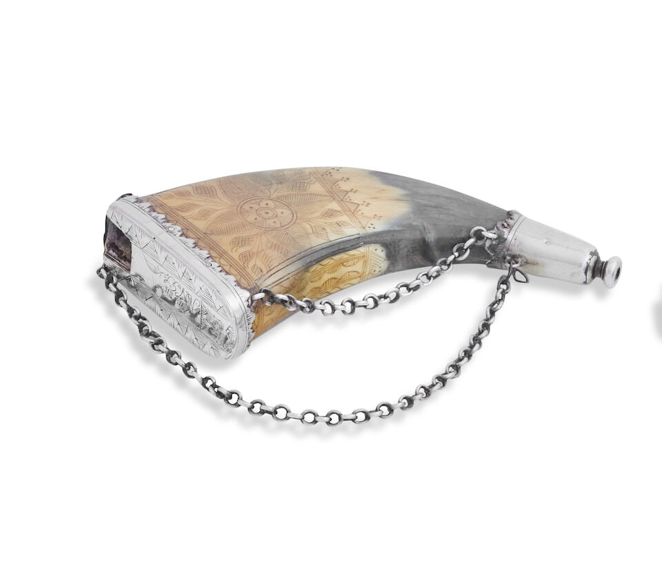 An early 18th century Scottish silver mounted horn snuffmull stamped with maker's mark JB twice,...: An early 18th century Scottish silver mounted horn snuffmull stamped with maker's mark JB twice, (unattributed) In the form of a powder flask, the cover with engraved initials MN GS between geometric
