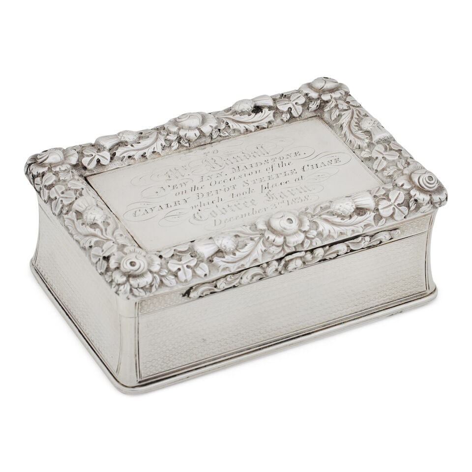Military Interest: An early Victorian table snuffbox By Edward Farrell, London, 1838: Military Interest: An early Victorian table snuffbox By Edward Farrell, London, 1838 Of heavy gauge and engine turned and with slightly convex sides, the lid with heavy floral chased border featuring