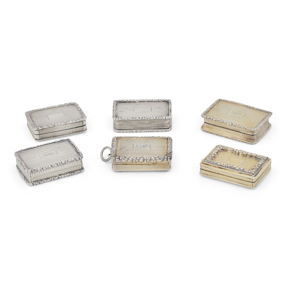 A collection of six silver vinaigrettes 19th century, various Birmingham makers and dates (6): A collection of six silver vinaigrettes 19th century, various Birmingham makers and dates Including an engine-turned silver-gilt example with floral chased rim, by Joseph Wilmore, 1835, 4.2cm wide,
