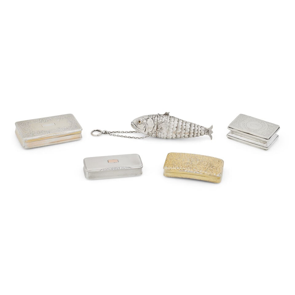 Five Continental silver boxes 19th century, various makers and dates (5): Five Continental silver boxes 19th century, various makers and dates Comprising an articulated fish, London import marks for 1903, the head hinged and inset with green eyes, 10.9cm long, a French