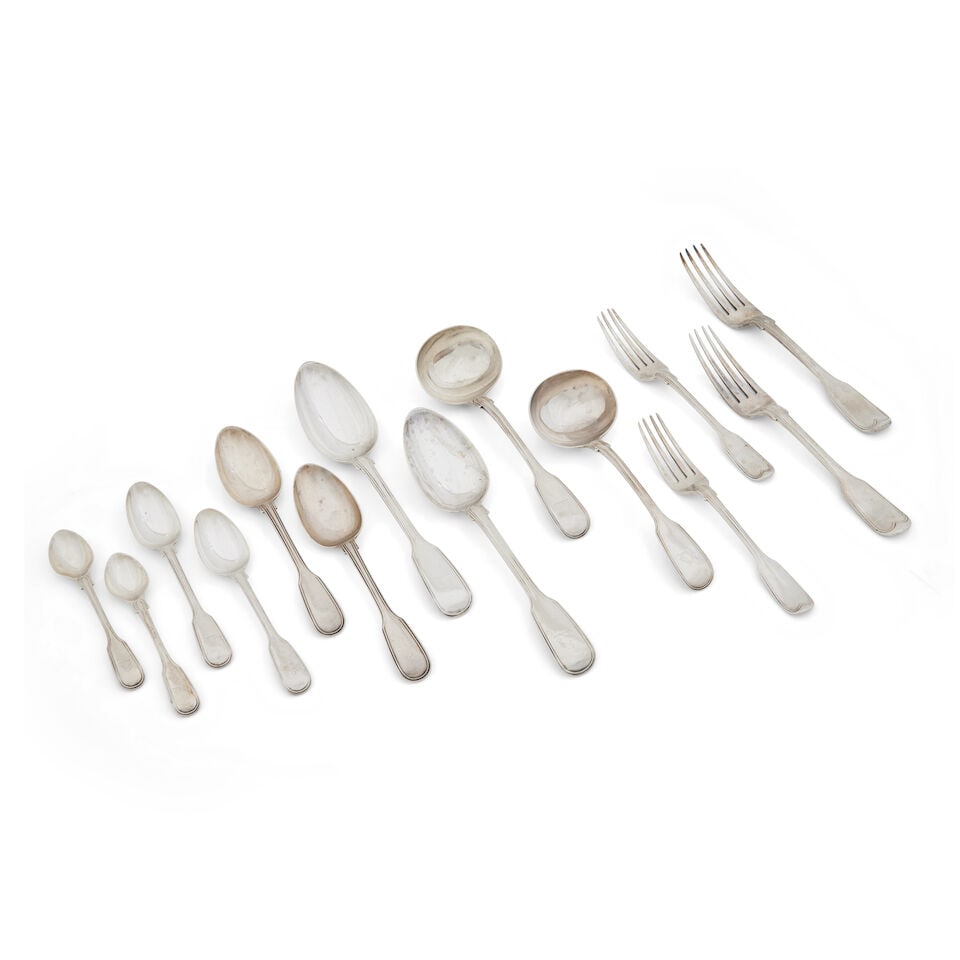 A part canteen of silver flatware of fiddle and thread pattern by Elizabeth Eaton, London, 1855, (1 of 1)
