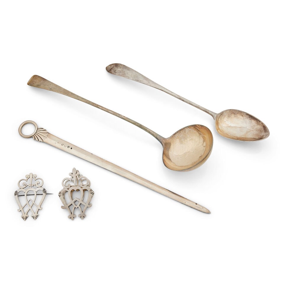 A collection of Scottish silver various makers and dates (5): A collection of Scottish silver various makers and dates Comprising a soup ladle, James Hewitt, Edinburgh, 1783, a meat skewer, William and Patrick Cunningham, Edinburgh, 1797, a pointed end gravy spo