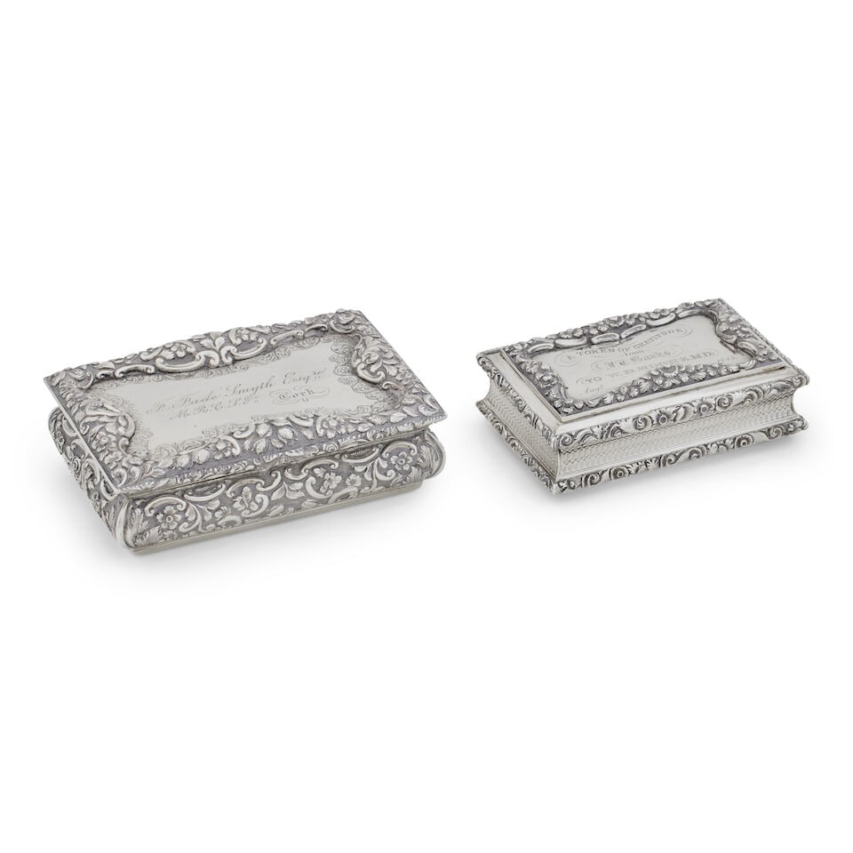Irish Interest, an early Victorian silver table snuff box By Nathaniel Mills, Birmingham, 1841 (2): Irish Interest, an early Victorian silver table snuff box By Nathaniel Mills, Birmingham, 1841 The convex sides and rim of the lid with scrolling floral chasing, the lid engraved 'F Fade Smyth Esq M