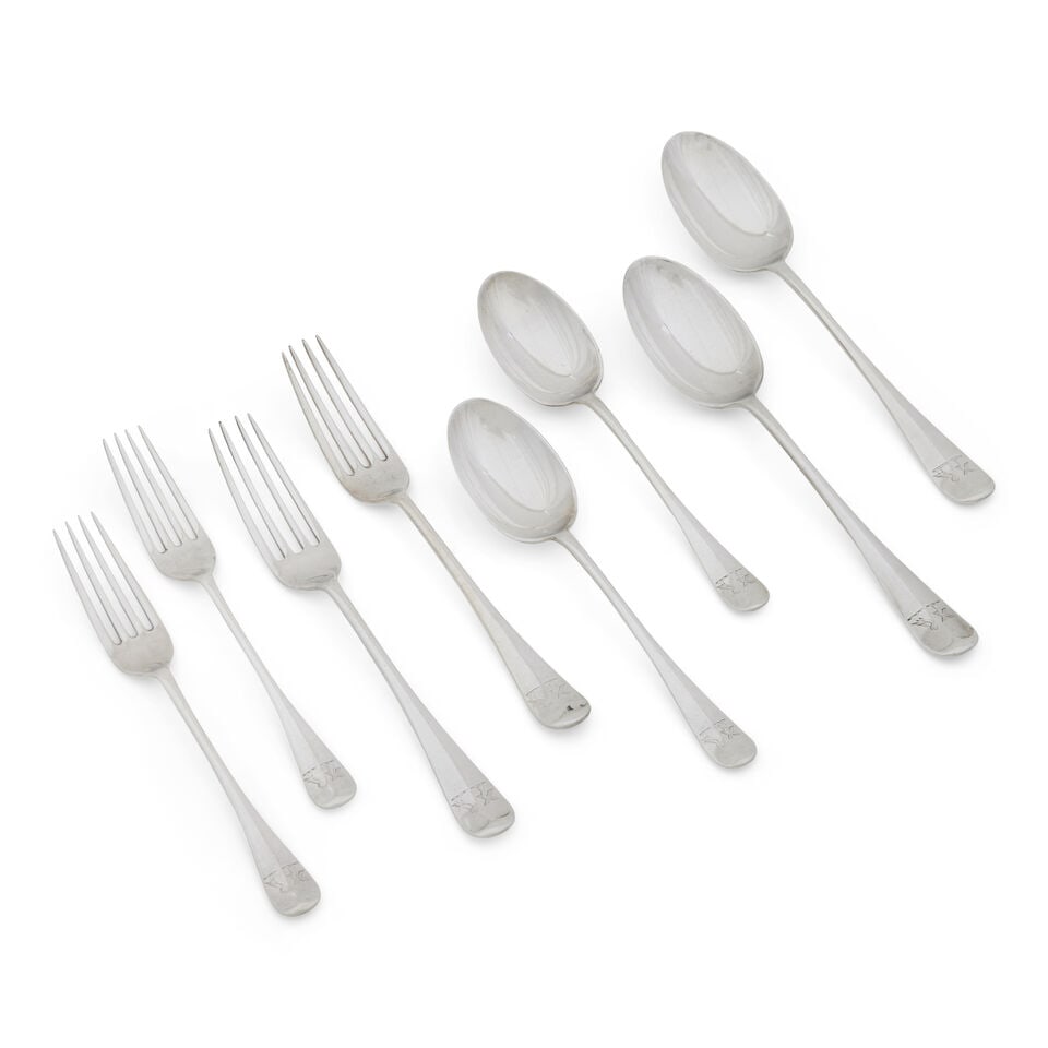 An Edwardian part canteen of silver cutlery of Hanoverian pattern by Walker & Hall, Sheffield, 1...: An Edwardian part canteen of silver cutlery of Hanoverian pattern by Walker & Hall, Sheffield, 1902/3 Comprising eight tablespoons, twelve dessert spoons, seventeen table forks, and fifteen dessert fo