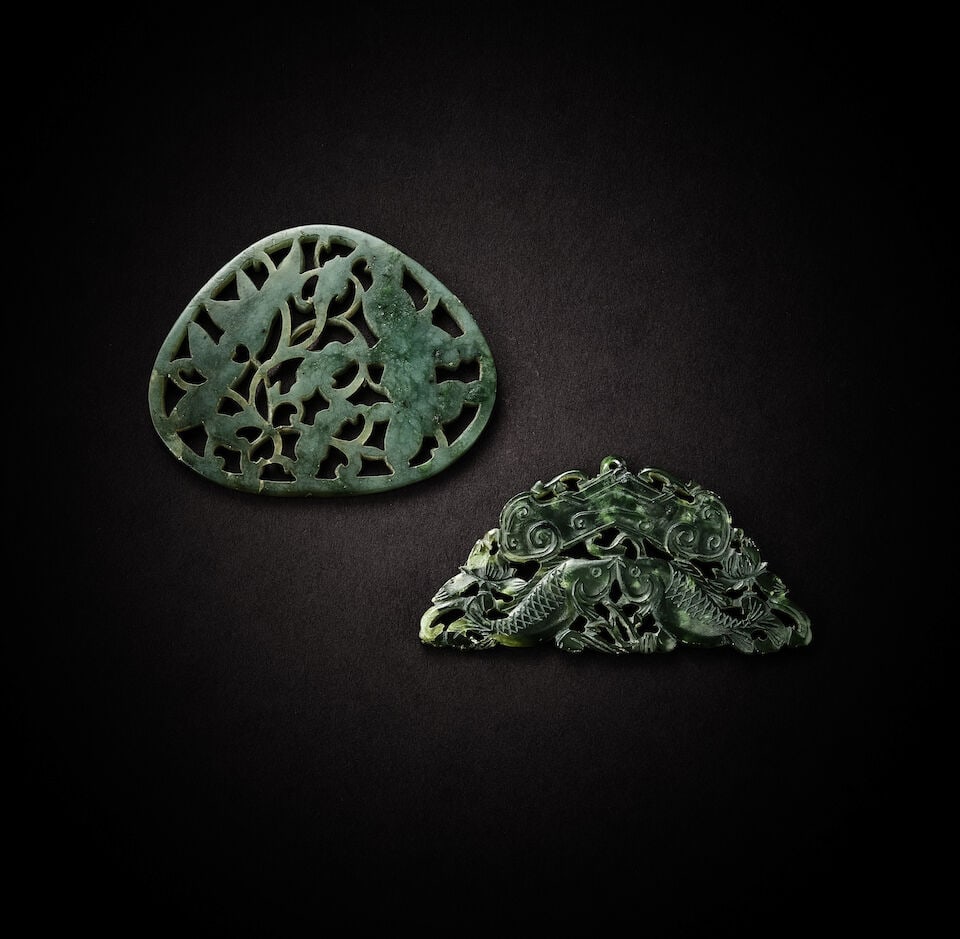 TWO RETICULATED SPINACH JADE ORNAMENTS Qing Dynasty (2) - 2