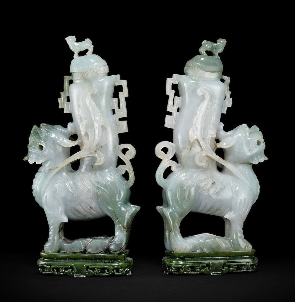 A PAIR OF JADEITE 'MYTHICAL BEAST' VASES AND COVERS Late Qing Dynasty/Republic Period (6) - 2