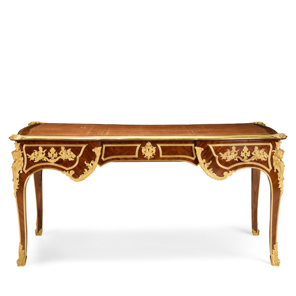 A large French kingwood, parquetry and gilt bronze mounted bureau platLate 19th century, in the ... - 2